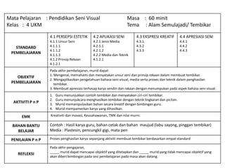 Mata Pelajaran : Pendidikan Seni Visual Masa : 60 minit
Kelas : 4 UKM Tema : Alam Semulajadi/ Tembikar
STANDARD
PEMBELAJARAN
4.1 PERSEPSI ESTETIK
4.1.1 Unsur Seni
4.1.1.1
4.1.1.2
4.1.1.3
4.1.2 Prinsip Rekaan
4.1.2.1
4.2 APLIKASI SENI
4.2.1 Jenis Media
4.2.1.1
4.2.1.2
4.2.2 Media dan Teknik
4.1.2.1
4.3 EKSPRESI KREATIF
4.3.1.
4.3.2
4.3.3
4.4 APRESIASI SENI
4.4.1
4.4.2
4.4.3
OBJEKTIF
PEMBELAJARAN
Pada akhir pembelajaran, murid dapat:
1. Mengenal, memahami dan menyatakan unsur seni dan prinsip rekaan dalam membuat tembikar.
2. Mengaplikasikan pengetahuan bahasa seni visual, media serta proses dan teknik dalam penghasilan
tembikar.
3. Membuat apresiasi terhasap karya sendiri dan rakaan dengan menumpukan pada aspek bahasa seni visual.
AKTIVITI P n P
1. Guru menunjukkan contoh tembikar dan menyatakan ciri-ciri tembikar.
2. Guru menunjukcara menghasilkan tembikar dengan teknik lingkaran dan picitan.
3. Murid memanipulasikan bahan secara kreatif dengan bimbingan guru.
4. Murid mempamerkan karya yang dihasilkan.
EMK Kreativiti dan inovasi, Keusahawanan, TMK dan nilai murni.
BAHAN BANTU
BELAJAR
Contoh : Hasil karya guru, bahan cetak dan bahan maujud (labu sayong, pinggan tembikar)
Media : Plastesin, pencungkil gigi, mata pen
PENILAIAN P n P Proses penghasilan karya sepanjang aktiviti membuat tembikar berdasarkan empat standard
REFLEKSI
Pada akhir pengajaran,
_____ murid dapat mencapai objektif yang ditetapkan dan _____ murid yang tidak mencapai objektif yang
akan diberi bimbingan pada sesi pembelajaran pada masa akan datang.
 