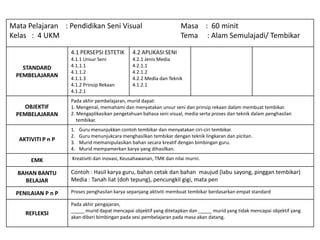 Mata Pelajaran : Pendidikan Seni Visual Masa : 60 minit
Kelas : 4 UKM Tema : Alam Semulajadi/ Tembikar
STANDARD
PEMBELAJARAN
4.1 PERSEPSI ESTETIK
4.1.1 Unsur Seni
4.1.1.1
4.1.1.2
4.1.1.3
4.1.2 Prinsip Rekaan
4.1.2.1
4.2 APLIKASI SENI
4.2.1 Jenis Media
4.2.1.1
4.2.1.2
4.2.2 Media dan Teknik
4.1.2.1
OBJEKTIF
PEMBELAJARAN
Pada akhir pembelajaran, murid dapat:
1. Mengenal, memahami dan menyatakan unsur seni dan prinsip rekaan dalam membuat tembikar.
2. Mengaplikasikan pengetahuan bahasa seni visual, media serta proses dan teknik dalam penghasilan
tembikar.
AKTIVITI P n P
1. Guru menunjukkan contoh tembikar dan menyatakan ciri-ciri tembikar.
2. Guru menunjukcara menghasilkan tembikar dengan teknik lingkaran dan picitan.
3. Murid memanipulasikan bahan secara kreatif dengan bimbingan guru.
4. Murid mempamerkan karya yang dihasilkan.
EMK Kreativiti dan inovasi, Keusahawanan, TMK dan nilai murni.
BAHAN BANTU
BELAJAR
Contoh : Hasil karya guru, bahan cetak dan bahan maujud (labu sayong, pinggan tembikar)
Media : Tanah liat (doh tepung), pencungkil gigi, mata pen
PENILAIAN P n P Proses penghasilan karya sepanjang aktiviti membuat tembikar berdasarkan empat standard
REFLEKSI
Pada akhir pengajaran,
_____ murid dapat mencapai objektif yang ditetapkan dan _____ murid yang tidak mencapai objektif yang
akan diberi bimbingan pada sesi pembelajaran pada masa akan datang.
 