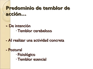 Predominio de temblor de acción… -  De intención · Temblor cerebeloso - Al realizar una actividad concreta - Postural · Fisiológico · Temblor esencial 