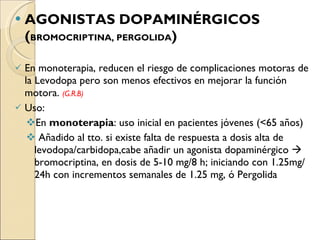 AGONISTAS DOPAMINÉRGICOS ( BROMOCRIPTINA, PERGOLIDA ) En monoterapia, reducen el riesgo de complicaciones motoras de la Levodopa pero son menos efectivos en mejorar la función motora.  (G.R.B)   Uso: En  monoterapia : uso inicial en pacientes jóvenes (<65 años) Añadido al tto. si existe falta de respuesta a dosis alta de levodopa/carbidopa,cabe añadir un agonista dopaminérgico    bromocriptina, en dosis de 5-10 mg/8 h; iniciando con 1.25mg/24h con incrementos semanales de 1.25 mg, ó Pergolida 