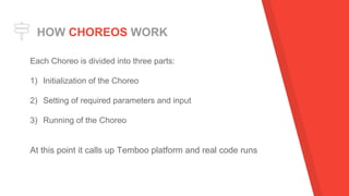 HOW CHOREOS WORK
Each Choreo is divided into three parts:
1) Initialization of the Choreo
2) Setting of required parameters and input
3) Running of the Choreo
At this point it calls up Temboo platform and real code runs
 