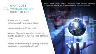 “FIRST THERE WERE VIRTUAL MACHINES, THEN VIRTUAL STORAGE,
FOLLOWED BY VIRTUAL NETWORKS. NOW WE’RE VIRTUALIZING CODE”
WHAT DOES
“VIRTUALIZATION
CODE” MEAN?
Allows to run complex
processes with few line of codes
Improve and simplify the code
When a Choreo is executed, it calls up
Temboo platform to run real (and complex)
code
Makes incredibly easy to develop software
applications (especially with Iot)
 