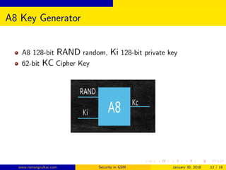 A8 Key Generator
A8 128-bit RAND random, Ki 128-bit private key
62-bit KC Cipher Key
www.rsmangrulkar.com Security in GSM January 30, 2018 12 / 18
 