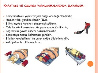 KAFATASI VE OMURGA YARALANMALARINDA ILKYARDIM;
 Bilinç kontrolü yapılır,yaşam bulguları değerlendirilir,
 Hemen tıbbi yardım istenir (112),
 Bilinci açıksa hareket etmemesi sağlanır,
 Tehlike söz konusu ise düz pozisyonda sürüklenir,
 Baş-boyun-gövde ekseni bozulmamalıdır,
 Sarsıntıya maruz kalmaması gerekir,
 Bilgiler kaydedilmeli ve gelen ekibe bildirilmelidir,
 Asla yalnız bırakılmamalıdır.
 