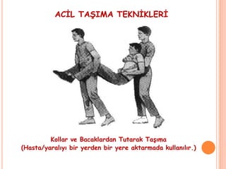 ACİL TAŞIMA TEKNİKLERİ
Kollar ve Bacaklardan Tutarak Taşıma
(Hasta/yaralıyı bir yerden bir yere aktarmada kullanılır.)
 
