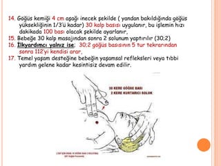 14. Göğüs kemiği 4 cm aşağı inecek şekilde ( yandan bakıldığında göğüs
yüksekliğinin 1/3’ü kadar) 30 kalp basısı uygulanır, bu işlemin hızı
dakikada 100 bası olacak şekilde ayarlanır,
15. Bebeğe 30 kalp masajından sonra 2 solunum yaptırılır (30;2)
16. İlkyardımcı yalnız ise; 30;2 göğüs basısının 5 tur tekrarından
sonra 112’yi kendisi arar,
17. Temel yaşam desteğine bebeğin yaşamsal refleksleri veya tıbbi
yardım gelene kadar kesintisiz devam edilir.
 