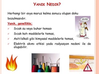 YANIK NEDIR?
Herhangi bir ısıya maruz kalma sonucu oluşan doku
bozulmasıdır.
Yanık, genellikle;
 Sıcak su veya buhar teması
 Sıcak katı maddelerle temas,
 Asit/alkali gibi kimyasal maddelerle temas,
 Elektrik akımı etkisi yada radyasyon nedeni ile de
oluşabilir.
 