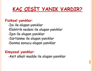KAÇ ÇEŞİT YANIK VARDIR?
Fiziksel yanıklar:
-Isı ile oluşan yanıklar
-Elektrik nedeni ile oluşan yanıklar
-Işın ile oluşan yanıklar
-Sürtünme ile oluşan yanıklar
-Donma sonucu oluşan yanıklar
Kimyasal yanıklar:
-Asit alkali madde ile oluşan yanıklar
 