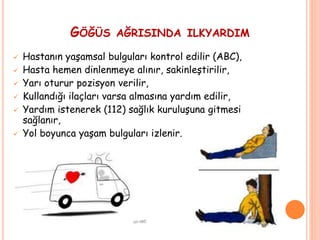 GÖĞÜS AĞRISINDA ILKYARDIM
 Hastanın yaşamsal bulguları kontrol edilir (ABC),
 Hasta hemen dinlenmeye alınır, sakinleştirilir,
 Yarı oturur pozisyon verilir,
 Kullandığı ilaçları varsa almasına yardım edilir,
 Yardım istenerek (112) sağlık kuruluşuna gitmesi
sağlanır,
 Yol boyunca yaşam bulguları izlenir.
 