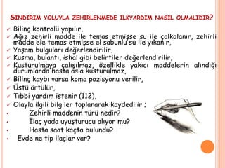 SINDIRIM YOLUYLA ZEHIRLENMEDE ILKYARDIM NASIL OLMALIDIR?
 Bilinç kontrolü yapılır,
 Ağız zehirli madde ile temas etmişse su ile çalkalanır, zehirli
madde ele temas etmişse el sabunlu su ile yıkanır,
 Yaşam bulguları değerlendirilir,
 Kusma, bulantı, ishal gibi belirtiler değerlendirilir,
 Kusturulmaya çalışılmaz, özellikle yakıcı maddelerin alındığı
durumlarda hasta asla kusturulmaz,
 Bilinç kaybı varsa koma pozisyonu verilir,
 Üstü örtülür,
 Tıbbi yardım istenir (112),
 Olayla ilgili bilgiler toplanarak kaydedilir ;
• Zehirli maddenin türü nedir?
• İlaç yada uyuşturucu alıyor mu?
• Hasta saat kaçta bulundu?
• Evde ne tip ilaçlar var?
 