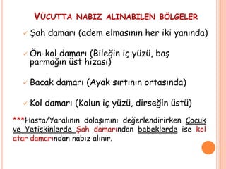 VÜCUTTA NABIZ ALINABILEN BÖLGELER
 Şah damarı (adem elmasının her iki yanında)
 Ön-kol damarı (Bileğin iç yüzü, baş
parmağın üst hizası)
 Bacak damarı (Ayak sırtının ortasında)
 Kol damarı (Kolun iç yüzü, dirseğin üstü)
***Hasta/Yaralının dolaşımını değerlendirirken Çocuk
ve Yetişkinlerde Şah damarından bebeklerde ise kol
atar damarından nabız alınır.
 