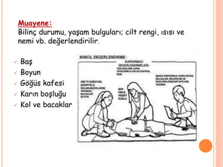  Baş
 Boyun
 Göğüs kafesi
 Karın boşluğu
 Kol ve bacaklar
Muayene:
Bilinç durumu, yaşam bulguları; cilt rengi, ısısı ve
nemi vb. değerlendirilir.
 