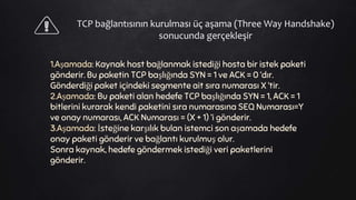 TCP bağlantısının kurulması üç aşama (Three Way Handshake)
sonucunda gerçekleşir
1.Aşamada: Kaynak host bağlanmak istediği hosta bir istek paketi
gönderir. Bu paketin TCP başlığında SYN = 1 ve ACK = 0 ‘dır.
Gönderdiği paket içindeki segmente ait sıra numarası X ‘tir.
2.Aşamada: Bu paketi alan hedefe TCP başlığında SYN = 1, ACK = 1
bitlerini kurarak kendi paketini sıra numarasına SEQ Numarası=Y
ve onay numarası, ACK Numarası = (X + 1) ‘i gönderir.
3.Aşamada: İsteğine karşılık bulan istemci son aşamada hedefe
onay paketi gönderir ve bağlantı kurulmuş olur.
Sonra kaynak, hedefe göndermek istediği veri paketlerini
gönderir.
 