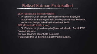 Fiziksel Katman Protokolleri
SLIP (Serial Line Internet Protocol)
• IP verilerinin, seri iletişim teknikleri ile iletimini sağlayan
protokoldür. Dial-up veya kiralık hat bağlantılarında kullanılır.
Veriler seri iletişim teknikleri kullanılarak iletilir.
PPP (Point-to-Point Protocol)
• SLIP’e benzer, yine dial-up bağlantıda kullanılır. Ancak PPP;
-Verileri sıkıştırır.
-Bir çok donanım çoğunlukla destekler.
-Hata düzeltme ve belirleme algoritmaları kullanır.
 
