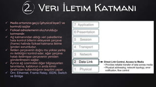 2. Veri İletim Katmanı
 Media ortamına geçişi (physical layer) ve
kontrolü sağlar
 Fiziksel adreslemenin oluşturulduğu
katmandır.
 Ağ katmanından aldığı veri paketlerine
hata kontrol bitlerini ekleyerek çerçeve
(frame) halinde fiziksel katmana iletme
işinden sorumludur.
 İletilen çerçevenin doğru mu yoksa yanlış
mı iletildiğini kontrol eder, eğer çerçeve
hatalı iletilmişse çerçevenin yeniden
gönderilmesini sağlar.
 Ayrıca ağ üzerindeki diğer bilgisayarları
tanımlama, kablonun o anda kimin
tarafından kullanıldığının tespitini yapar.
 Örn: Ethernet, Frame Relay, ISDN, Switch
ve Bridge
 