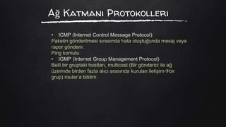 Ağ Katmanı Protokolleri
• ICMP (Internet Control Message Protocol):
Paketin gönderilmesi sırasında hata oluştuğunda mesaj veya
rapor gönderir.
Ping komutu
• IGMP (Internet Group Management Protocol)
Belli bir gruptaki hostları, multicast (Bir gönderici ile ağ
üzerinde birden fazla alıcı arasında kurulan iletişimbir
grup) router’a bildirir.
 