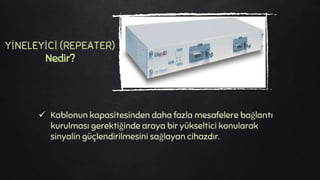  Kablonun kapasitesinden daha fazla mesafelere bağlantı
kurulması gerektiğinde araya bir yükseltici konularak
sinyalin güçlendirilmesini sağlayan cihazdır.
YİNELEYİCİ (REPEATER)
Nedir?
 