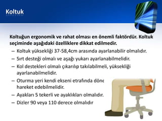 Koltuk


 Koltuğun ergonomik ve rahat olması en önemli faktördür. Koltuk
 seçiminde aşağıdaki özelliklere dikkat edilmedir.
  – Koltuk yüksekliği 37-58,4cm arasında ayarlanabilir olmalıdır.
  – Sırt desteği olmalı ve aşağı yukarı ayarlanabilmelidir.
  – Kol destekleri olmalı çıkarılıp takılabilmeli, yüksekliği
    ayarlanabilmelidir.
  – Oturma yeri kendi ekseni etrafında dönebilmeli, ileri geri
    hareket edebilmelidir.
  – Ayakları 5 tekerli ve ayaklıkları olmalıdır.
  – Dizler 90 veya 110 derece olmalıdır
 