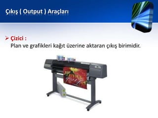 Çıkış ( Output ) Araçları



 Çizici :
  Plan ve grafikleri kağıt üzerine aktaran çıkış birimidir.
 