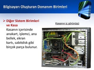 Bilgisayarı Oluşturan Donanım Birimleri


 Diğer Sistem Birimleri
                               Kasanın iç görünüşü
  ve Kasa
  Kasanın içerisinde
  anakart, işlemci, ana
  bellek, ekran
  kartı, sabitdisk gibi
  birçok parça bulunur.
 