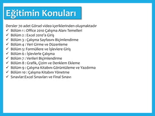 Eğitimin Konuları
Dersler 70 adet Görsel video içeriklerinden oluşmaktadır
 Bölüm 1 : Office 2010 Çalışma Alanı Temelleri
 Bölüm 2 : Excel 2010’a Giriş
 Bölüm 3 : Çalışma Sayfasını Biçimlendirme
 Bölüm 4 : Veri Girme ve Düzenleme
 Bölüm 5: Formüllere ve İşlevlere Giriş
 Bölüm 6 : İşlevlerle Çalışma
 Bölüm 7 : Verileri Biçimlendirme
 Bölüm 8 : Grafik, Çizim ve Denklem Ekleme
 Bölüm 9 : Çalışma Kitabını Görüntüleme ve Yazdırma
 Bölüm 10 : Çalışma Kitabını Yönetme
 Sınavlar:Excel Sınavları ve Final Sınavı
 