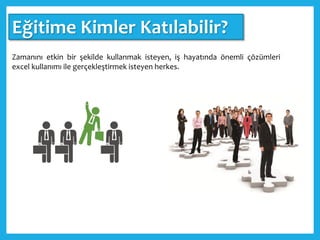 Eğitime Kimler Katılabilir?
Zamanını etkin bir şekilde kullanmak isteyen, iş hayatında önemli çözümleri
excel kullanımı ile gerçekleştirmek isteyen herkes.
 