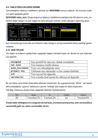 9
4.9. TABLO ÖZELLİKLERİNİ GÖRME
Tanımladığımız tablonun özelliklerini görmek için DESCRIBE komutu kullanılır. Bu komutun kulla-
nım şekli aşağıdaki gibidir:
DESCRIBE tablo_ismi; Oluşturduğumuz tablonun özelliklerine baktığımızda NO alanının auto_inc-
rement değer aldığını ve aynı değeri bir daha almayan anahtar veriler alacağını öğrenmiş olduk.
Aynı zamanda type kısmında veri türlerinin neler olduğunu ve kaç karakterlik tahsis yapıldığı gözük-
mektedir.
4.10. VERİ TİPLERİ
Veri tipleri ve kullanım şekillerinden aşağıdaki bilgileri bilmekte fayda var. Bunlar en çok kullanılan
veri tipleridir.
Bir veri tabanı içine birden fazla tablo eklemek mümkündür. Bu uygulamamızda “OKUL “ veri tabanı
altına eklediğimiz “ogrenci” tablosunun yanına “velibilgi” diye başka bir tablo oluşturalım.
Veli Bilgi Tablosunu oluştururken aşağıdaki tablodan faydalanabiliriz:
Create table velibilgi(no int unsigned not null auto_increment primary key, isim varchar(25),is
varchar(20),gelir int, adres varchar(60), tel int;
 