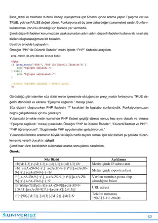 52
$soz_dizisi ile belirtilen düzenli ifadeyi eşleştirmek için $metin içinde arama yapar.Eşleşme var ise
TRUE, yok ise FALSE değeri döner. Fonksiyona ait üç tane daha değer (parametre) vardır. Bunların
kullanılması zorunlu olmadığı için burada yer vermedik.
Şimdi düzenli ifadeler konumuzdan uzaklaşmadan adım adım düzenli ifadeleri kullanarak nasıl söz
dizileri oluşturacağımıza bir bakalım.
Basit bir örnekle başlayalım.
Örneğin “PHP ile Düzenli İfadeler” metni içinde “PHP” ifadesini arayalım.
Görüldüğü gibi istenilen söz dizisi metin içeresinde olduğundan preg_match fonksiyonu TRUE de-
ğerini döndürür ve ekrana “Eşleşme sağlandı.” mesajı çıkar.
Söz dizisini oluştururken PHP ifadesini “/” karakteri ile başlatıp sonlandırdık. Fonksiyonumuzun
doğru çalışabilmesi için bu gerekliydi.
Yukarıdaki örnekte metin içerisinde PHP ifadesi geçtiği sürece sonuç hep aynı olacak ve ekrana
“Eşleşme sağlandı.” mesajı çıkacaktır. Örneğin “PHP ile Düzenli İfadeler”, “Düzenli İfadeler ve PHP”,
“PHP öğreniyorum!”, “Bugünlerde PHP uygulamaları geliştiriyorum.”
Yukarıdaki örnekte aramanın büyük ve küçük harfe duyarlı olması için söz dizisini şu şekilde düzen-
lememiz yeterli olacaktır. /php/i
Şimdi bazı özel karakterler kullanarak arama sonuçlarını daraltalım.
Örnek:
 