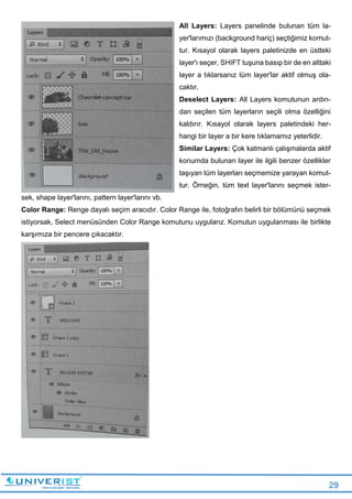 29
All Layers: Layers panelinde bulunan tüm la-
yer'larımızı (background hariç) seçtiğimiz komut-
tur. Kısayol olarak layers paletinizde en üstteki
layer'ı seçer, SHIFT tuşuna basıp bir de en alttaki
layer a tıklarsanız tüm layer'lar aktif olmuş ola-
caktır.
Deselect Layers: All Layers komutunun ardın-
dan seçilen tüm layerların seçili olma özelliğini
kaldırır. Kısayol olarak layers paletindeki her-
hangi bir layer a bir kere tıklamamız yeterlidir.
Similar Layers: Çok katmanlı çalışmalarda aktif
konumda bulunan layer ile ilgili benzer özellikler
taşıyan tüm layerları seçmemize yarayan komut-
tur. Örneğin, tüm text layer'larını seçmek ister-
sek, shape layer'larını, pattern layer'larını vb.
Color Range: Renge dayalı seçim aracıdır. Color Range ile, fotoğrafın belirli bir bölümünü seçmek
istiyorsak, Select menüsünden Color Range komutunu uygularız. Komutun uygulanması ile birlikte
karşımıza bir pencere çıkacaktır.
 