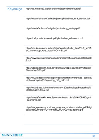 59
Kaynakça http://its.metu.edu.tr/brosurler/PhotoshopHandout.pdf
http://www.mustafaof.com/belgeler/photoshop_cs3_araclar.pdf
http://mustafaof.com/belgeler/photoshop_e-kitap.pdf
https://helpx.adobe.com/tr/pdf/photoshop_reference.pdf
http://obs.kastamonu.edu.tr/oibs/akademik/shr_files/FILE_sp1t5
e4_photoshop_kurs_notlar%C4%B1.pdf
http://www.sayisalmimar.com/dersnotlari/photoshop/photoshop0
3.pdf
http://uzaktanegitim.meb.gov.tr:8050/webprecs3/egitim/kitaplar/
PhotoshopCS3.pdf
http://www.adobe.com/support/documentation/archived_content/
tr/photoshop/cs3/photoshop_cs3_help.pdf
http://www2.osc.lk/hotlinks/primary%20technology/Photoshop%
20CS5%20Tutorial.pdf
http://mustafataskin.weebly.com/uploads/1/6/1/0/16108940/grnt
_dzenleme.pdf
http://megep.meb.gov.tr/mte_program_modul/moduller_pdf/Bilgi
sayarda%20Foto%C4%9Fraf%20D%C3%BCzeltme.pdf
 