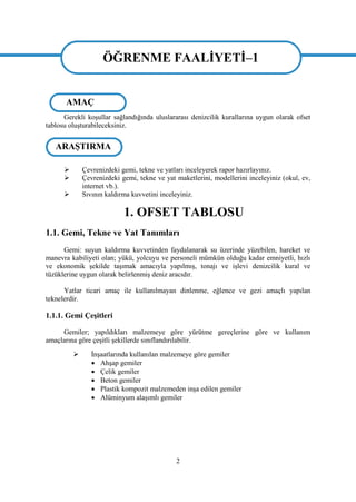 2
ÖĞRENME FAALĠYETĠ–1
Gerekli koĢullar sağlandığında uluslararası denizcilik kurallarına uygun olarak ofset
tablosu oluĢturabileceksiniz.
 Çevrenizdeki gemi, tekne ve yatları inceleyerek rapor hazırlayınız.
 Çevrenizdeki gemi, tekne ve yat maketlerini, modellerini inceleyiniz (okul, ev,
internet vb.).
 Sıvının kaldırma kuvvetini inceleyiniz.
1. OFSET TABLOSU
1.1. Gemi, Tekne ve Yat Tanımları
Gemi: suyun kaldırma kuvvetinden faydalanarak su üzerinde yüzebilen, hareket ve
manevra kabiliyeti olan; yükü, yolcuyu ve personeli mümkün olduğu kadar emniyetli, hızlı
ve ekonomik Ģekilde taĢımak amacıyla yapılmıĢ, tonajı ve iĢlevi denizcilik kural ve
tüzüklerine uygun olarak belirlenmiĢ deniz aracıdır.
Yatlar ticari amaç ile kullanılmayan dinlenme, eğlence ve gezi amaçlı yapılan
teknelerdir.
1.1.1. Gemi ÇeĢitleri
Gemiler; yapıldıkları malzemeye göre yürütme gereçlerine göre ve kullanım
amaçlarına göre çeĢitli Ģekillerde sınıflandırılabilir.
 ĠnĢaatlarında kullanılan malzemeye göre gemiler
 AhĢap gemiler
 Çelik gemiler
 Beton gemiler
 Plastik kompozit malzemeden inĢa edilen gemiler
 Alüminyum alaĢımlı gemiler
ARAġTIRMA
AMAÇ
ÖĞRENME FAALĠYETĠ–1
 