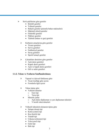 3
 Sevk Ģekillerine göre gemiler
 Kürekli gemiler
 Yelkenli gemiler
 Buharlı gemiler (pistonlu buhar makineleri)
 Makineli (dizel) gemiler
 Elektrikli gemiler
 Nükleer gemiler
 Türbinli (buhar ve gaz) gemiler
 Kullanım amaçlarına göre gemiler
 Ticaret gemileri
 Servis gemileri
 Endüstriyel gemiler
 SavaĢ gemileri
 Sportif amaçlı gemiler
 ÇalıĢtıkları denizlere göre gemiler
 Açık deniz gemileri
 Kapalı deniz gemileri
 Açık ve kapalı deniz gemileri
 Göl ve nehir gemileri
1.1.2. Tekne ve Yatların Sınıflandırılması
 Yapısal ve iĢlevsel farklarına göre
 Ticari özelliğe göre ayrım
 Formlarla ilgili ayrım
 Tekne tipine göre
 Yelkenli tekneler
o Gezi tipi
o YarıĢ tipi
 Motorlu yatlar
o Açık deniz deplasman ve yarı deplasman tekneleri
o V kesitli sürat tekneleri
 Yelkenli teknelerin donanım tipine göre
 Salupa (sloop) tipi
 Kotra (cutter) tipi
 Keç (ketch) tipi
 Trandil tipi
 Uskuna (schooner) tipi
 Yola (yawl) tipi
 Gulet tipi
 Brik tipi
 