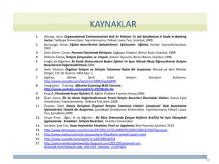33
KAYNAKLAR
1. Altunay, Arzu; Organızatıonal Communıcatıon And Its Relatıon To Job Satısfactıon A Study In Bankıng
Sector, Yeditepe Üniversitesi, Yayımlanmamış Yüksek Lisans Tezi, İstanbul, 2009
2. Barutçugil, İsmet; Eğitim Becerilerinin Geliştirilmesi- Eğitimcinin Eğitimi, Kariyer Yayıncılık,İstanbul,
2002
3. Çetin Gürer, Canan; Personel Seçiminde Görüşme, Çağlayan Kitabevi, Birinci Baskı, İstanbul, 1990
4. Dökmen Üstün, İletişim Çatışmaları ve Empati, Sistem Yayıncılık, Birinci Basım, İstanbul, 1994
5. Eroğlu Ve Diğerleri; İki Farklı Üniversitenin Beden Eğitimi Ve Spor Yüksek Okulu Öğrencilerinin İletişim
Becerilerinin Değerlendirilmesi,2009
6. Halis, Muhsin; Örgütsel İletişim ve İletişim Tatminine İlişkin Bir Araştırma, İktisadi ve idari Bilimler
Dergisi, Cilt:14, Haziran 2000 Sayı: 1
7. İzgören, Ahmet Şerif, Etkili iletişim- Soruların Kullanımı,
http://www.youtube.com/watch?v=5BMcCqpEgWM
8. Integration Training , Effective Listening Skills Exercise ,
http://www.youtube.com/watch?v=F5CjNuOx-Ao
9. Kaya,A.,Yönetimde İnsan İlişkileri,IB.,Eğitim Kitabevi Yayınları,Konya,2006.
10. Özan ,Sema; Öz Ve Akran Değerlendirmenin Temel İletişim Becerileri Üzerindeki Etkileri, Dokuz Eylül
Üniversitesi, Yayımlanmamış Doktora Tezi,izmir,2008
11. Özaslan, Sibel; Sözsüz İletişimin Örgütsel İletişim Tatminine Etkileri: Çanakkale’ Deki Konaklama
İşletmelerine Yönelik Bir Araştırma, Çanakkale Onsekizmart Üniversitesi, Yayımlanmamış Yüksek Lisans
Tezi, Çanakkale,2009
12. Ünsal, Pınar , Oğuz A. ve diğerleri ; Bir Büro Ortamında Çalışan Kişilerin Ast/Üst Ve Aynı Düzeydeki
İşgörenlerde Aradıkları İletişim Becerileri , İstanbul Üniversitesi
13. Saruhan, Şadi Can; İnsan Kaynakları Yönetimi, Teori ve Uygulama, Beta Yayınları,İstanbul, 2012
14. http://www.tennessean.com/article/20130512/COLUMNIST03/305120031/2047/business
15. http://www.mailce.com/unlu-dusunurlerin-filozoflarin-anlamli-sozleri.html
16. http://www.youtube.com/watch?v=edOnQMyW3J4
17. http://patronamektuplartweetler.blogspot.com/2013/03/anlamak-icin-
dinlemek.html?goback=.gde_4051952_member_242076802
33
 