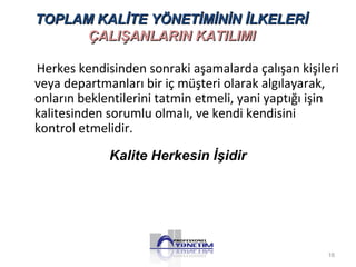 TOPLAM KALİTE YÖNETİMİNİN İİLLKKEELLEERRİİ 
ÇÇAALLIIŞŞAANNLLAARRIINN KKAATTIILLIIMMII 
Herkes kendisinden sonraki aşamalarda çalışan kişileri 
veya departmanları bir iç müşteri olarak algılayarak, 
onların beklentilerini tatmin etmeli, yani yaptığı işin 
kalitesinden sorumlu olmalı, ve kendi kendisini 
kontrol etmelidir. 
Kalite Herkesin İşidir 
16 
 