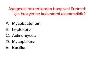 Aşağıdaki bakterilerden hangisini üretmek için besiyerine kollesterol eklenmelidir?  Mycobacterium Leptospira Actinomyces Mycoplasma Bacillus 