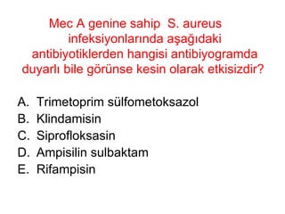 Mec A genine sahip  S. aureus infeksiyonlarında aşağıdaki antibiyotiklerden hangisi antibiyogramda duyarlı bile görünse kesin olarak etkisizdir?  Trimetoprim sülfometoksazol Klindamisin Siprofloksasin Ampisilin sulbaktam Rifampisin 
