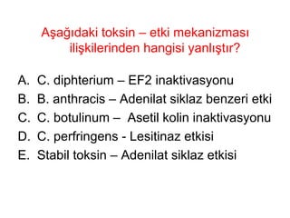 Aşağıdaki toksin – etki mekanizması ilişkilerinden hangisi yanlıştır? C. diphterium – EF2 inaktivasyonu B. anthracis – Adenilat siklaz benzeri etki C. botulinum –  Asetil kolin inaktivasyonu C. perfringens - Lesitinaz etkisi  Stabil toksin – Adenilat siklaz etkisi 