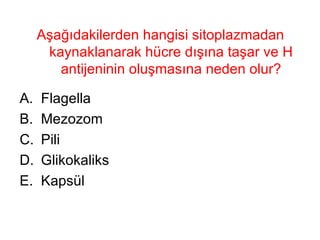 Aşağıdakilerden hangisi sitoplazmadan kaynaklanarak hücre dışına taşar ve H antijeninin oluşmasına neden olur? Flagella Mezozom Pili Glikokaliks Kapsül 