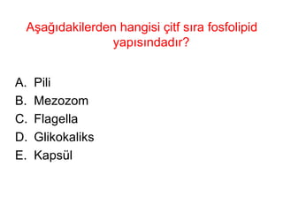 Aşağıdakilerden hangisi çitf sıra fosfolipid yapısındadır? Pili Mezozom Flagella Glikokaliks Kapsül 