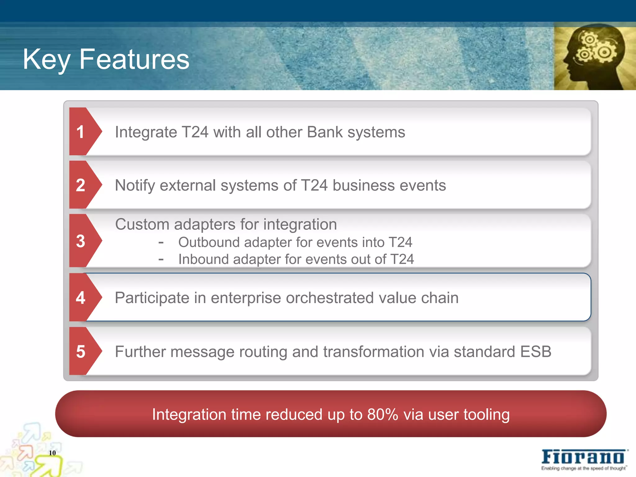 Key Features

      1   Integrate T24 with all other Bank systems


      2   Notify external systems of T24 business events

          Custom adapters for integration
      3         - Outbound adapter for events into T24
                - Inbound adapter for events out of T24

      4   Participate in enterprise orchestrated value chain


      5   Further message routing and transformation via standard ESB


               Integration time reduced up to 80% via user tooling

 10
 