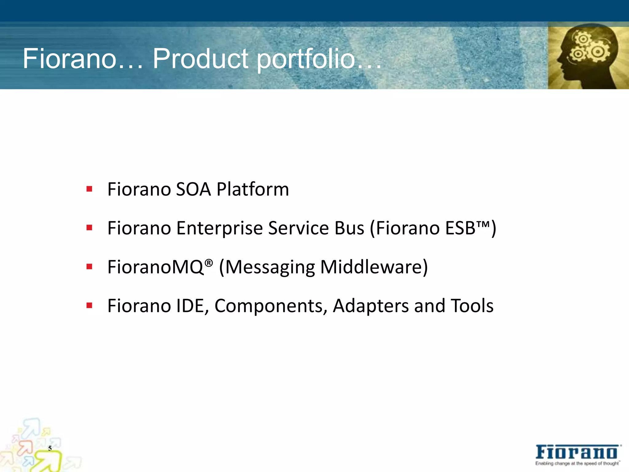 Fiorano… Product portfolio…



      Fiorano SOA Platform

      Fiorano Enterprise Service Bus (Fiorano ESB™)

      FioranoMQ® (Messaging Middleware)

      Fiorano IDE, Components, Adapters and Tools




 5
 