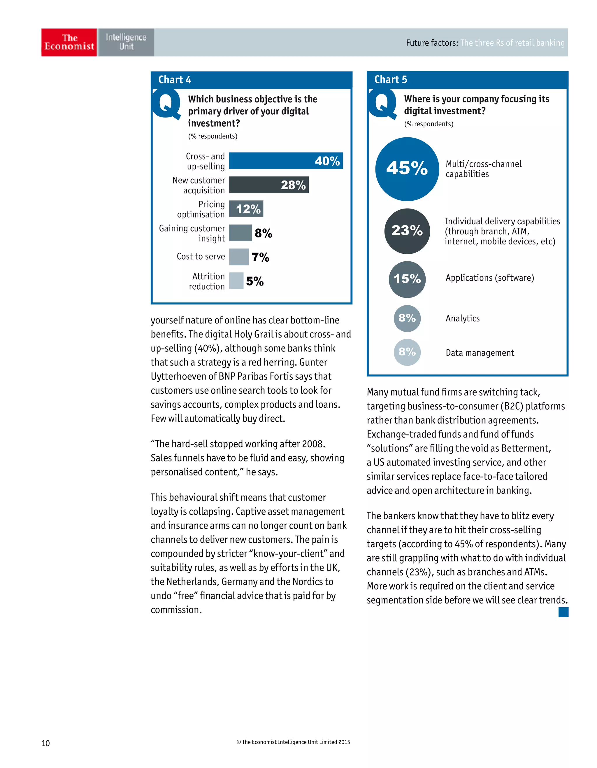 Future factors: The three Rs of retail banking
10 © The Economist Intelligence Unit Limited 2015
yourself nature of online has clear bottom-line
benefits. The digital Holy Grail is about cross- and
up-selling (40%), although some banks think
that such a strategy is a red herring. Gunter
Uytterhoeven of BNP Paribas Fortis says that
customers use online search tools to look for
savings accounts, complex products and loans.
Few will automatically buy direct.
“The hard-sell stopped working after 2008.
Sales funnels have to be fluid and easy, showing
personalised content,” he says.
This behavioural shift means that customer
loyalty is collapsing. Captive asset management
and insurance arms can no longer count on bank
channels to deliver new customers. The pain is
compounded by stricter “know-your-client” and
suitability rules, as well as by efforts in the UK,
the Netherlands, Germany and the Nordics to
undo “free” financial advice that is paid for by
commission.
Many mutual fund firms are switching tack,
targeting business-to-consumer (B2C) platforms
rather than bank distribution agreements.
Exchange-traded funds and fund of funds
“solutions” are filling the void as Betterment,
a US automated investing service, and other
similar services replace face-to-face tailored
advice and open architecture in banking.
The bankers know that they have to blitz every
channel if they are to hit their cross-selling
targets (according to 45% of respondents). Many
are still grappling with what to do with individual
channels (23%), such as branches and ATMs.
More work is required on the client and service
segmentation side before we will see clear trends.
Which business objective is the
primary driver of your digital
investment?
(% respondents)
Chart 4
Cross- and
up-selling
New customer
acquisition
Pricing
optimisation
Gaining customer
insight 8%
Cost to serve 7%
Attrition
reduction 5%
40%
28%
12%
Where is your company focusing its
digital investment?
(% respondents)
Chart 5
Individual delivery capabilities
(through branch, ATM,
internet, mobile devices, etc)
Multi/cross-channel
capabilities
Data management
Analytics
Applications (software)
8%
8%
45%
15%
23%
 