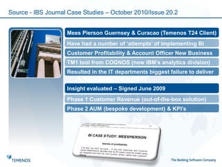 Source - IBS Journal Case Studies – October 2010/Issue 20.2
Mees Pierson Guernsey & Curacao (Temenos T24 Client)
Have had a number of ‘attempts’ of implementing BI
Customer Profitability & Account Officer New Business
TM1 tool from COGNOS (now IBM’s analytics division)
Resulted in the IT departments biggest failure to deliver
Insight evaluated – Signed June 2009
Phase 1 Customer Revenue (out-of-the-box solution)
Phase 2 AUM (bespoke development) & KPI’s
 