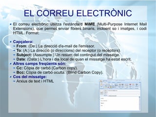 EL CORREU ELECTRÒNIC
El correu electrònic utilitza l'estàndard MIME (Multi-Purpose Internet Mail
Extensions), que permet enviar fitxers binaris, incloent so i imatges, i codi
HTML. Format:
Capçalera:
From: (De:) La direcció d'e-mail de l'emissor.
To: (A:) La direcció (o direccions) del receptor (o receptors).
Subject: (Assumpte:) Un resum del contingut del missatge.
Date: (Data:) L'hora i dia local de quan el missatge ha estat escrit.
Altres camps freqüents són:
Cc: Còpia de carbó (Carbon copy).
Bcc: Còpia de carbó oculta. (Blind Carbon Copy).
Cos del missatge:
Arxius de text i HTML
 