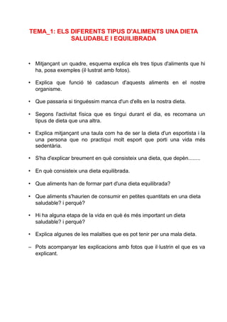 TEMA_1: ELS DIFERENTS TIPUS D'ALIMENTS UNA DIETA
SALUDABLE I EQUILIBRADA
• Mitjançant un quadre, esquema explica els tres tipus d'aliments que hi
ha, posa exemples (il·lustrat amb fotos).
• Explica que funció té cadascun d'aquests aliments en el nostre
organisme.
• Que passaria si tinguéssim manca d'un d'ells en la nostra dieta.
• Segons l'activitat física que es tingui durant el dia, es recomana un
tipus de dieta que una altra.
• Explica mitjançant una taula com ha de ser la dieta d'un esportista i la
una persona que no practiqui molt esport que porti una vida més
sedentària.
• S'ha d'explicar breument en què consisteix una dieta, que depèn........
• En què consisteix una dieta equilibrada.
• Que aliments han de formar part d'una dieta equilibrada?
• Que aliments s'haurien de consumir en petites quantitats en una dieta
saludable? i perquè?
• Hi ha alguna etapa de la vida en què és més important un dieta
saludable? i perquè?
• Explica algunes de les malalties que es pot tenir per una mala dieta.
– Pots acompanyar les explicacions amb fotos que il·lustrin el que es va
explicant.
 