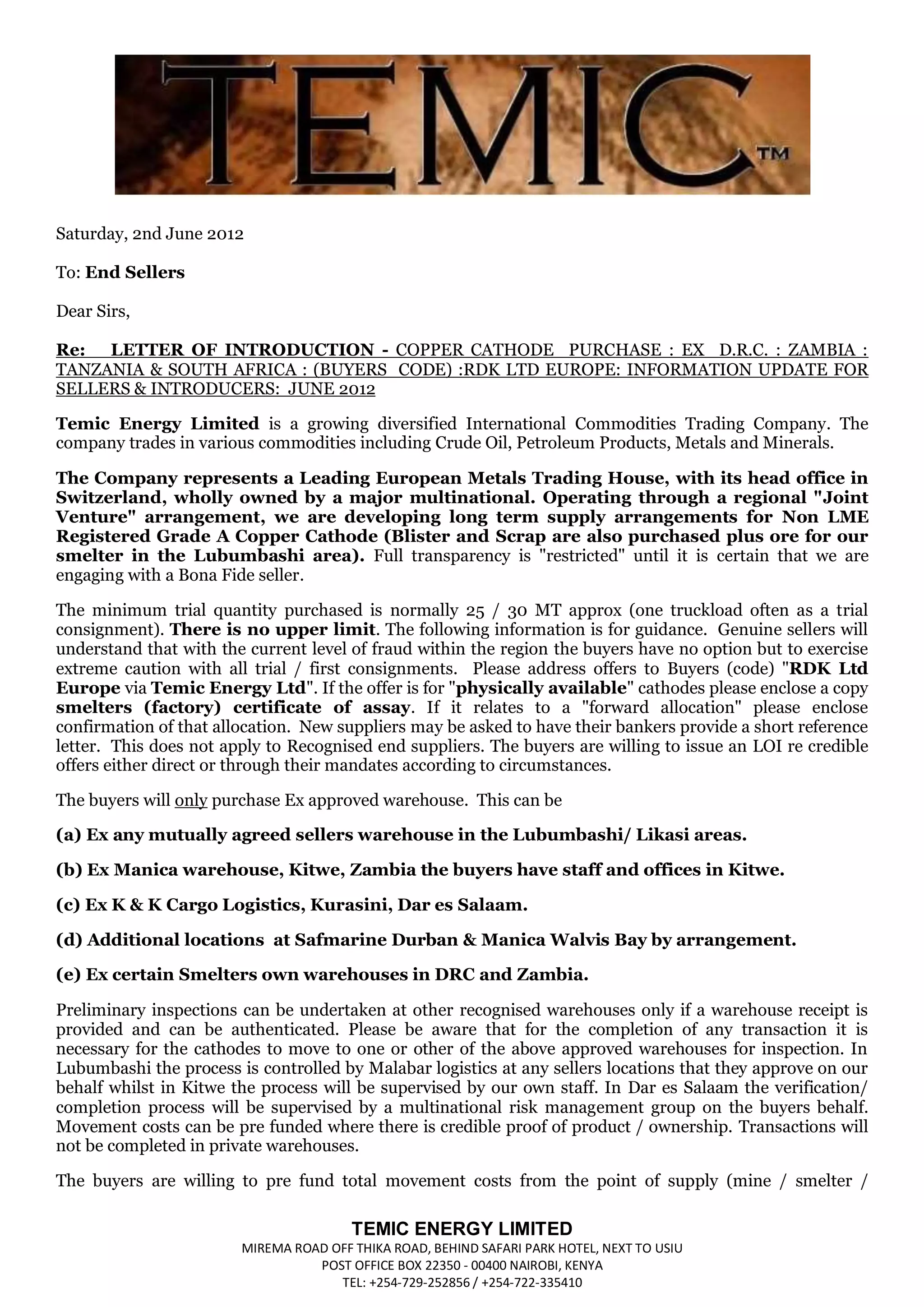 TEMIC COPPER CATHODES LOI | PDF