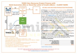 TEMIC Non-Recourse Project Finance with
Bank Guarantee (BG) or Stand-By Letter of Credit (SBLC) – CLIENT NAME
TEMIC ENERGY LIMITED, SAVVPRINT BUILDING, MIREMA ROAD OFF THIKA ROAD, BEHIND SAFARI PARK HOTEL, NEXT TO USIU,
POST OFFICE BOX 22350 - 00400 NAIROBI, KENYA, TEL: +254-729-252856, +254-722-335410,
EMAIL: funding@temicenergy.com, info@temicenergy.com
PDF
Or any one of
Top 25 Banks
SPV
Project
Your Bank
or
Monetizing
Bank
Project
Developer
– Client
Name
• TEMIC / USCPB RWA = €10K
• POF Cash Transfer Fee: 90K€/500M+2*50K€/500M = 190K€.
• Estimated SWIFT costs are 150K€ per 500M€, therefore 2*3*150K€ for 1,500M€ =
900K€ (REFER TO NOTES ON PAGE 2)
• X is the charge for the monetizing and insurance, to be negotiated with
monetizing bank = say, 5% (REFER TO NOTES ON PAGE 2)
• Y is the value brought into the project=?
• PDF, Seller/Buyer, commissions = 1% of Monetization Loan
• The Project Cost is 500M€, Total Allocation 1500M€
1000
MT799 / MT760
1500 (Inc. X%+1%)
1%
500
250 / (500+Y)%
250+Y / (500+Y)%
Funding
Request
~500
BG/SBLC NON-RECOURSE TRANSACTION PROCEDURES
❑ Based on Client request, Temic Energy Limited will instruct its
bank, USCPB to allocate & transfer funds to secure the issuance of
a Cash-backed 1 Year 1 Day BG/SBLC of 1500M€ (Inc. X%+1%), to
be Monetized for Corporate Project Financing of Client’s Project
❑ Client will register with us and upload all relevant KYC and
project/s documentation (see page 3 & 4) and will be responsible
for the arrangement & 3rd party service charges (see breakdown
on page 2, and NOTES at bottom of page 2).
❑ The Issuer Bank will send RWA & communicate with
Monetization Bank, via SWIFT MT799, then upon confirmation of
acceptance and verbiage, it will send the BG/SBLC via SWIFT
MT760 to the Monetization Bank
❑ After receiving the SWIFT MT760, Monetization Bank will deposit
the fund (Loan) into each party’s account in the Monetizing Bank.
❑ Hard Copy of BG/SBLC, will thereafter be sent to Monetization
Bank
❑ To manage risk of default, USCPB will trade with its 1000M€, within
the Monetization Bank and settle the loan on behalf of Client
❑ TEMIC will hold the % of the SPV Project/s, on behalf of USCPB.
The exit plan will be finalized between Client and TEMIC.
❑ The SPV Power Project receives Non-Recourse Project Finance
of 500M€, and further tranches can be arranged from this.
❑ Summary Transaction:
€1.5B 1YR 1 DAY BG/SBLC 1,500M€
Monetization Loan 1,500M€
USCPB Trading Fund 1,000M€
Project Disbursement 500M€
Total Non-Recourse Project Financing 500M€
(Assets Portfolio of TEMIC)
Banking
Relationship
 