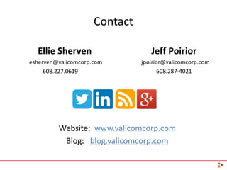 Contact
Ellie Sherven Jeff Poirior
esherven@valicomcorp.com jpoirior@valicomcorp.com
608.227.0619 608.287-4021
Website: www.valicomcorp.com
Blog: blog.valicomcorp.com
 