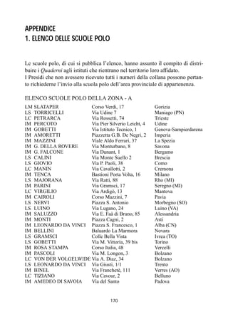 170
APPENDICE
1. ELENCO DELLE SCUOLE POLO
Le scuole polo, di cui si pubblica l’elenco, hanno assunto il compito di distri-
buire i Quaderni agli istituti che rientrano nel territorio loro affidato.
I Presidi che non avessero ricevuto tutti i numeri della collana possono pertan-
to richiederne l’invio alla scuola polo dell’area provinciale di appartenenza.
ELENCO SCUOLE POLO DELLA ZONA - A
LM SLATAPER Corso Verdi, 17 Gorizia
LS TORRICELLI Via Udine 7 Maniago (PN)
LC PETRARCA Via Rossetti, 74 Trieste
IM PERCOTO Via Pier Silverio Leicht, 4 Udine
IM GOBETTI Via Istituto Tecnico, 1 Genova-Sampierdarena
IM AMORETTI Piazzetta G.B. De Negri, 2 Imperia
IM MAZZINI Viale Aldo Ferrari, 37 La Spezia
IM G. DELLA ROVERE Via Monturbano, 8 Savona
IM G. FALCONE Via Dunant, 1 Bergamo
LS CALINI Via Monte Suello 2 Brescia
LS GIOVIO Via P. Paoli, 38 Como
LC MANIN Via Cavallotti, 2 Cremona
IM TENCA Bastioni Porta Volta, 16 Milano
LS MAJORANA Via Ratti, 88 Rho (MI)
IM PARINI Via Gramsci, 17 Seregno (MI)
LC VIRGILIO Via Ardigò, 13 Mantova
IM CAIROLI Corso Mazzini, 7 Pavia
LS NERVI Piazza S. Antonio Morbegno (SO)
LS LUINO Via Lugano, 24 Luino (VA)
IM SALUZZO Via E. Faà di Bruno, 85 Alessandria
IM MONTI Piazza Cagni, 2 Asti
IM LEONARDO DA VINCI Piazza S. Francesco, 1 Alba (CN)
IM BELLINI Baluardo La Marmora Novara
LS GRAMSCI Colle Bella Vista Ivrea (TO)
LS GOBETTI Via M. Vittoria, 39 bis Torino
IM ROSA STAMPA Corso Italia, 48 Vercelli
IM PASCOLI Via M. Longon, 3 Bolzano
LC VON DER VOLGELWIDE Via A. Diaz, 34 Bolzano
LS LEONARDO DA VINCI Via Giusti, 1/1 Trento
IM BINEL Via Francheté, 111 Verres (AO)
LC TIZIANO Via Cavour, 2 Belluno
IM AMEDEO DI SAVOIA Via del Santo Padova
 