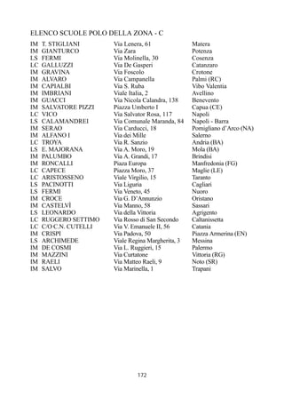 172
ELENCO SCUOLE POLO DELLA ZONA - C
IM T. STIGLIANI Via Lenera, 61 Matera
IM GIANTURCO Via Zara Potenza
LS FERMI Via Molinella, 30 Cosenza
LC GALLUZZI Via De Gasperi Catanzaro
IM GRAVINA Via Foscolo Crotone
IM ALVARO Via Campanella Palmi (RC)
IM CAPIALBI Via S. Ruba Vibo Valentia
IM IMBRIANI Viale Italia, 2 Avellino
IM GUACCI Via Nicola Calandra, 138 Benevento
IM SALVATORE PIZZI Piazza Umberto I Capua (CE)
LC VICO Via Salvator Rosa, 117 Napoli
LS CALAMANDREI Via Comunale Maranda, 84 Napoli - Barra
IM SERAO Via Carducci, 18 Pomigliano d’Arco (NA)
IM ALFANO I Via dei Mille Salerno
LC TROYA Via R. Sanzio Andria (BA)
LS E. MAJORANA Via A. Moro, 19 Mola (BA)
IM PALUMBO Via A. Grandi, 17 Brindisi
IM RONCALLI Piaza Europa Manfredonia (FG)
LC CAPECE Piazza Moro, 37 Maglie (LE)
LC ARISTOSSENO Viale Virgilio, 15 Taranto
LS PACINOTTI Via Liguria Cagliari
LS FERMI Via Veneto, 45 Nuoro
IM CROCE Via G. D’Annunzio Oristano
IM CASTELVÌ Via Manno, 58 Sassari
LS LEONARDO Via della Vittoria Agrigento
LC RUGGERO SETTIMO Via Rosso di San Secondo Caltanissetta
LC C/O C.N. CUTELLI Via V. Emanuele II, 56 Catania
IM CRISPI Via Padova, 50 Piazza Armerina (EN)
LS ARCHIMEDE Viale Regina Margherita, 3 Messina
IM DE COSMI Via L. Ruggieri, 15 Palermo
IM MAZZINI Via Curtatone Vittoria (RG)
IM RAELI Via Matteo Raeli, 9 Noto (SR)
IM SALVO Via Marinella, 1 Trapani
 